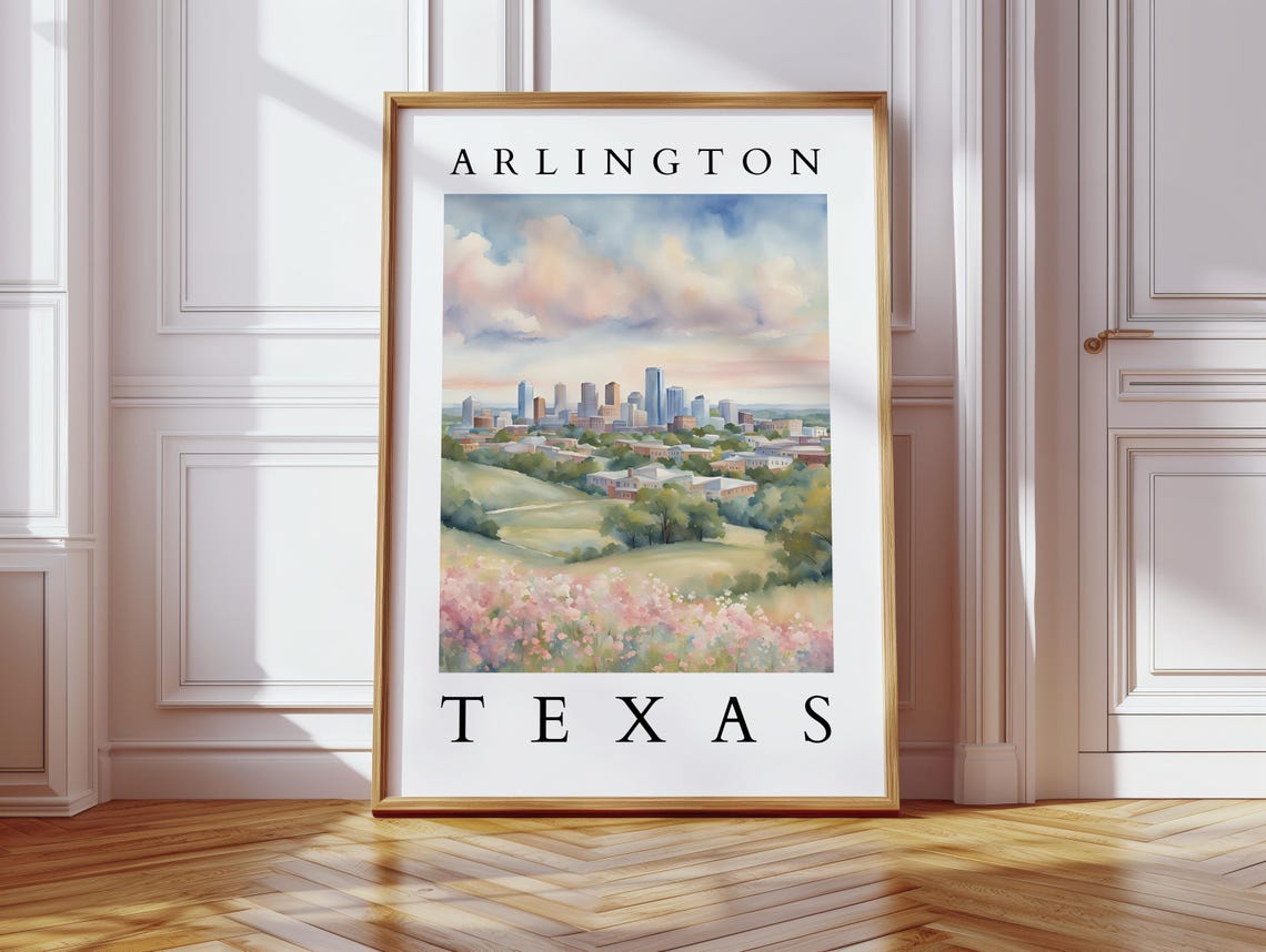 Arlington Texas Watercolor Cityscape Wall Art Landscape Decor