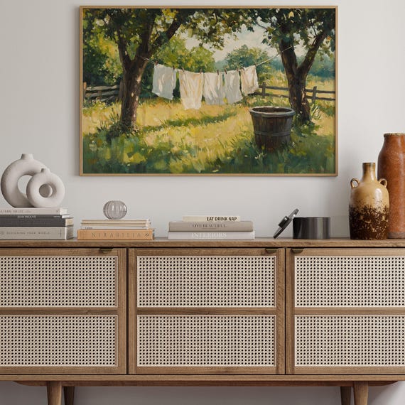 Farmhouse Laundry Drying Rustic Clothesline Art With Wooden Wash Tub And Summer Trees In Vintage Oil Painting Style