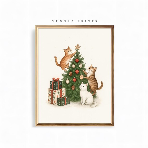 Three Cats Christmas Tree Gifts Playful Kittens Holiday Wall Print