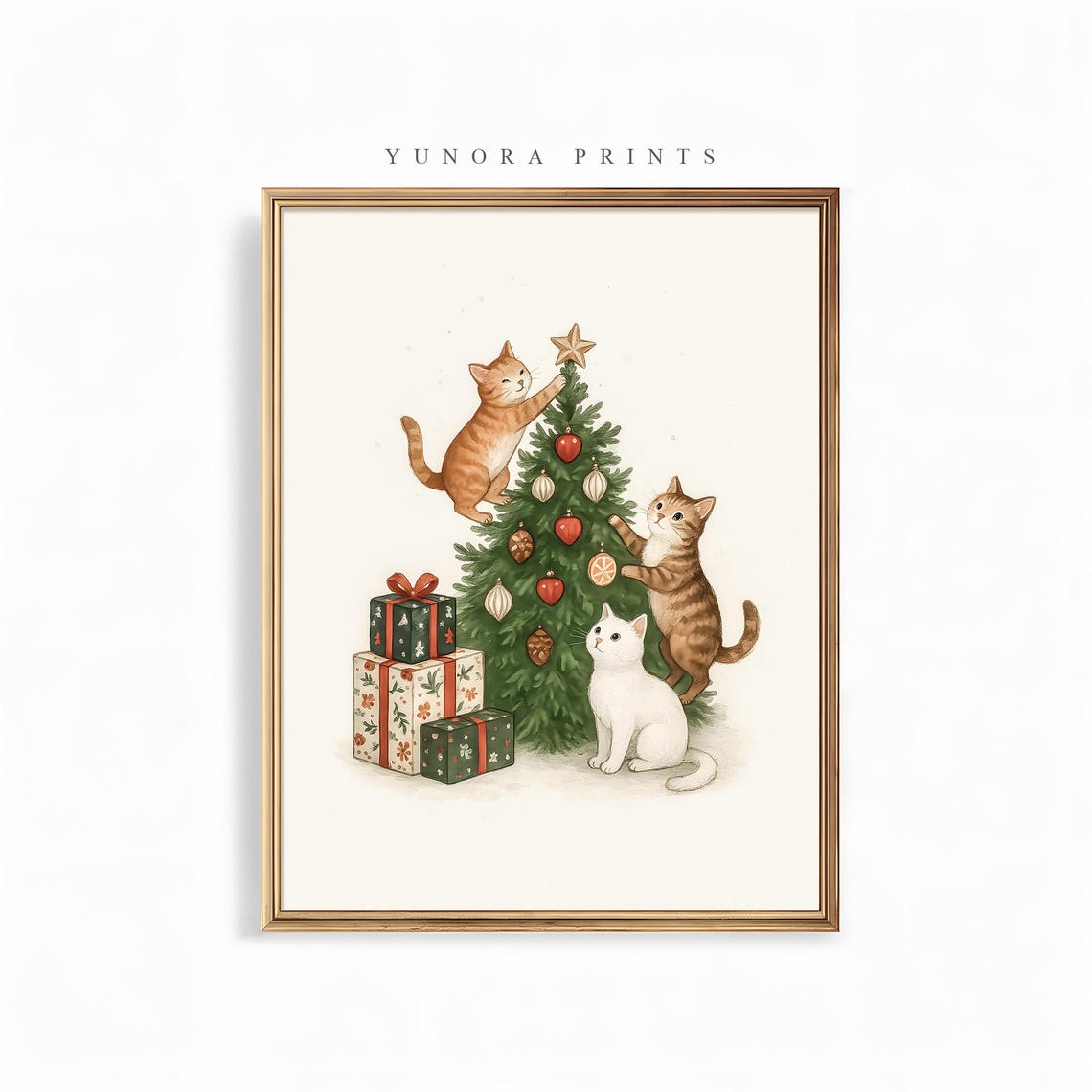 Three Cats Christmas Tree Gifts Playful Kittens Holiday Wall Print