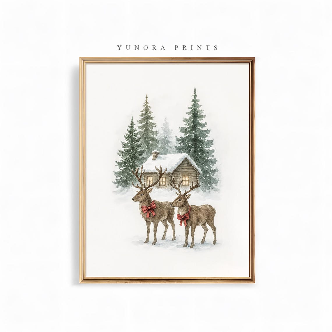 Reindeer Christmas Cabin Watercolor Cozy Winter Holiday Scene Poster