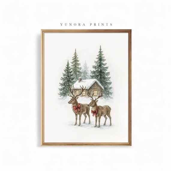 Reindeer Christmas Cabin Watercolor Cozy Winter Holiday Scene Poster