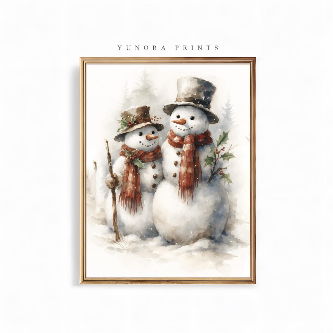Snowman Couple Watercolor Cute Winter Holiday Christmas Scene Poster