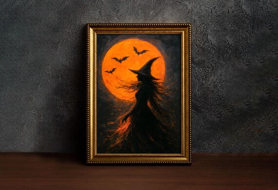 Witch Silhouette Art Print Halloween Poster Moon With Flying Bats Artwork Scary Haunted Ghotic Wall Decor