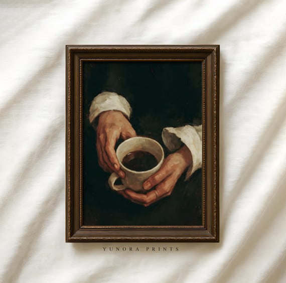 Vintage Hands Holding Coffee Painting Cup Art Print Rustic Wall Decor