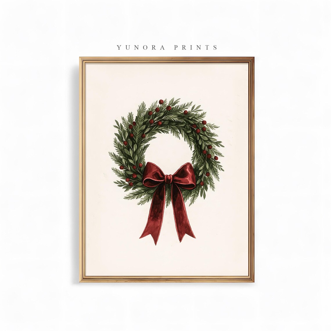 Christmas Wreath Red Bow Watercolor Art Print