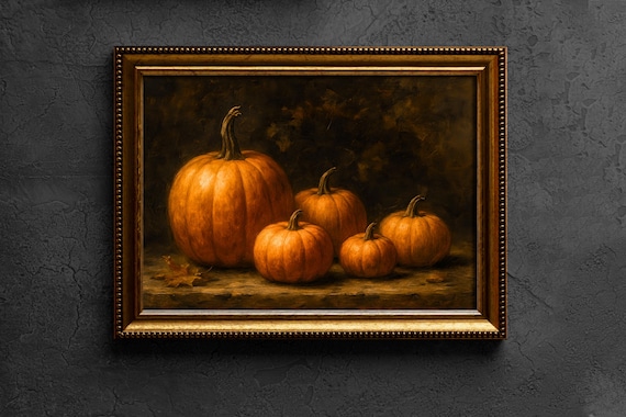 Vintage Pumpkin Oil Painting Print Halloween Wall Decor Rustic Autumn Art Farmhouse Artwork Still Life