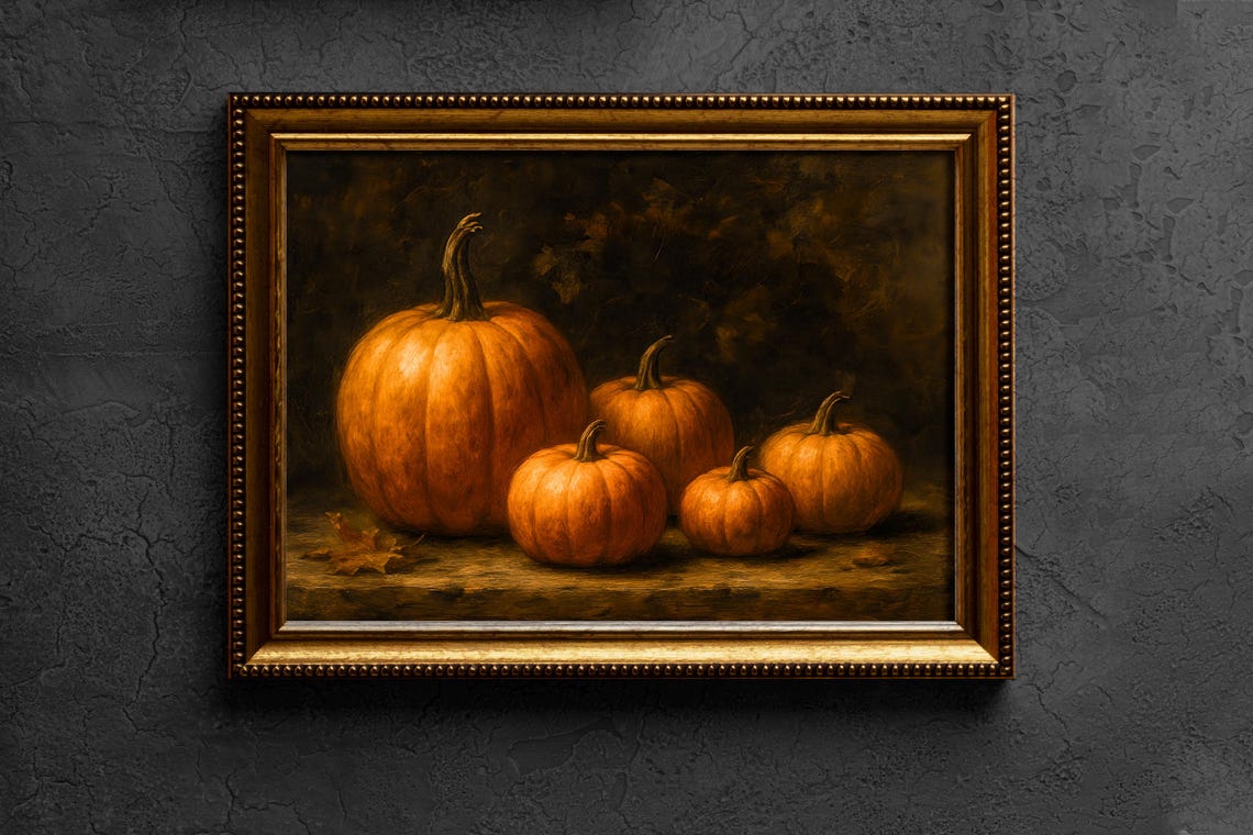 Moody Pumpkin Still Life Dark Autumn Harvest Oil Painting Poster