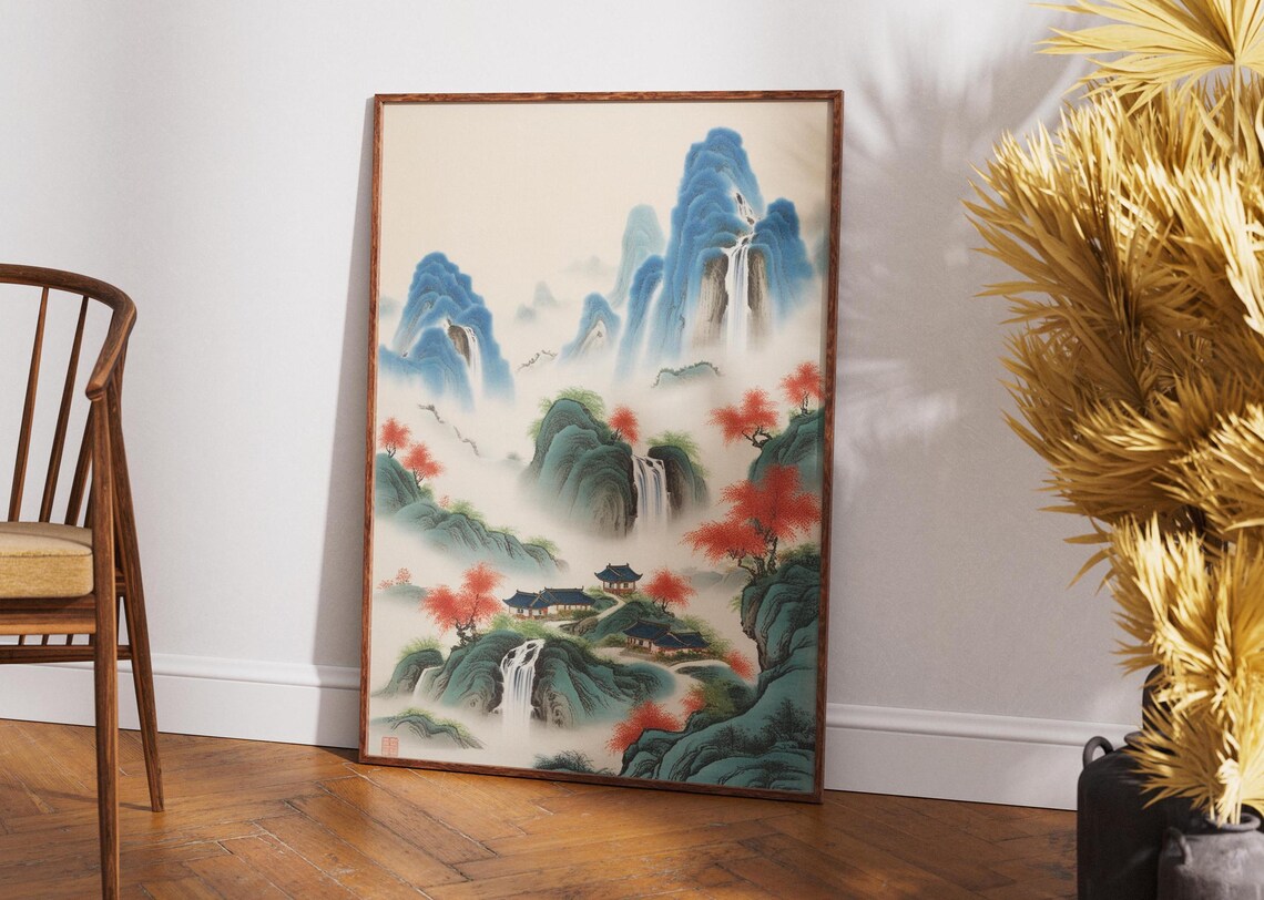 Asian Mountain Waterfalls And Mist Traditional Art