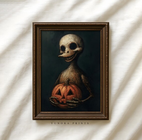 Creepy Skeleton With Pumpkin Halloween Art Print Spooky Jackolantern Gothic Wall Decor