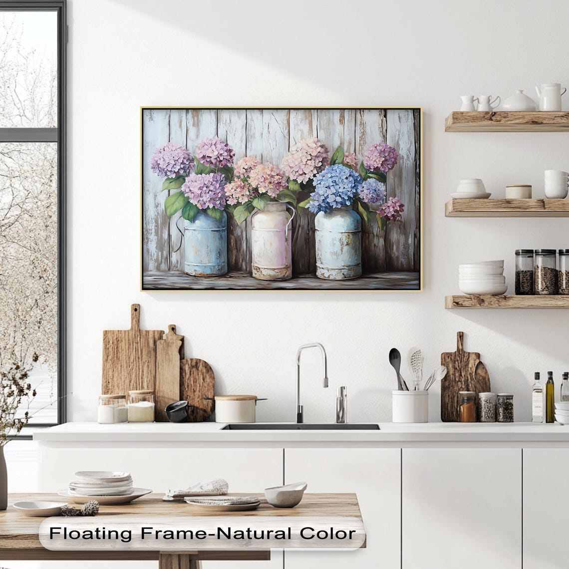 Pink Blue Hydrangea Bouquet In Vintage Jugs Farmhouse Floral Poster
