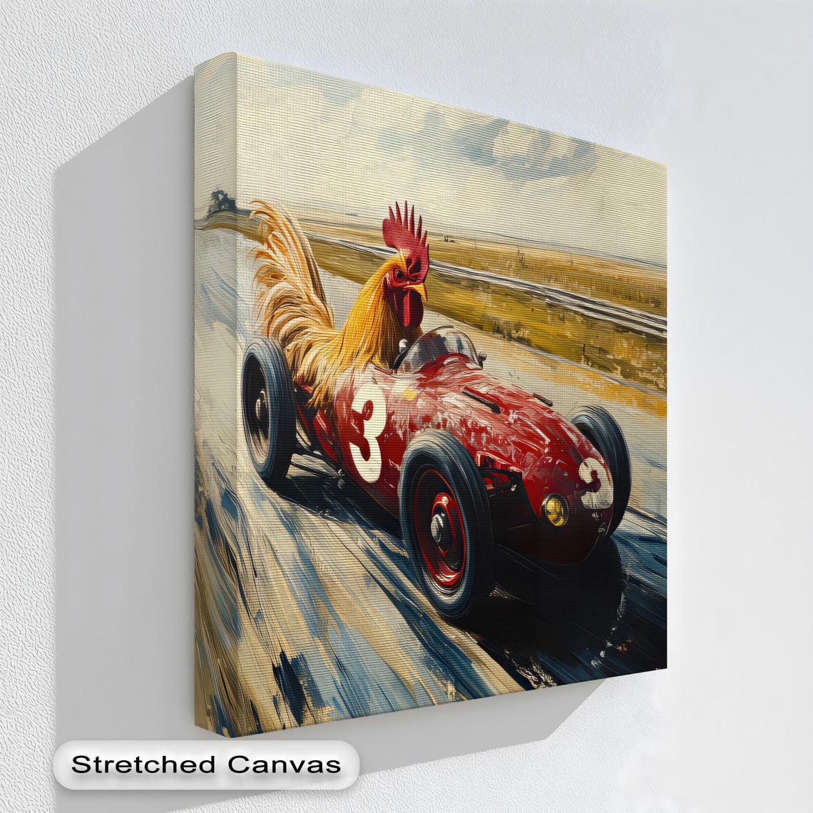 Rooster Driving Red Race Car Funny Vintage Motorsport Poster