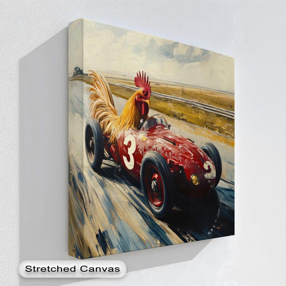 Funny Rooster Racing Car Art Whimsical Farmhouse Kitchen Decor Silver Frame