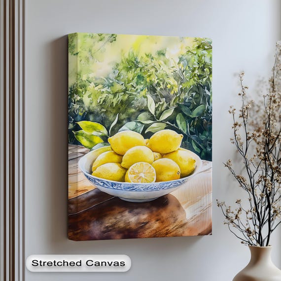 Lemon Bowl Canvas Art Fresh Fruit Painting Rustic Kitchen Decor