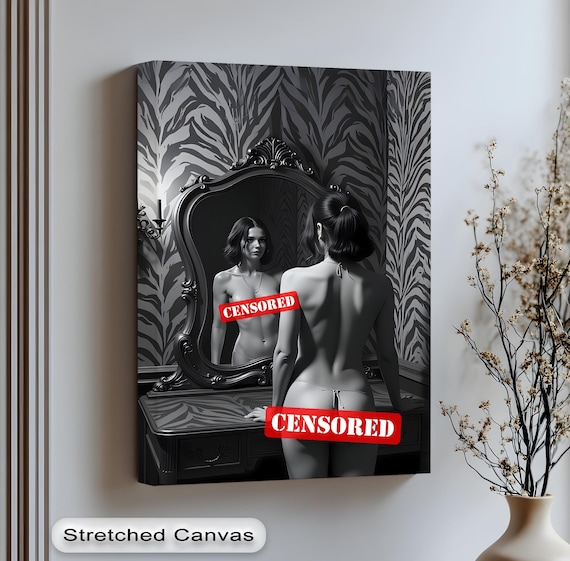 Monochrome Woman Vanity Canvas Art Zebra Wallpaper Anthracite Frame
