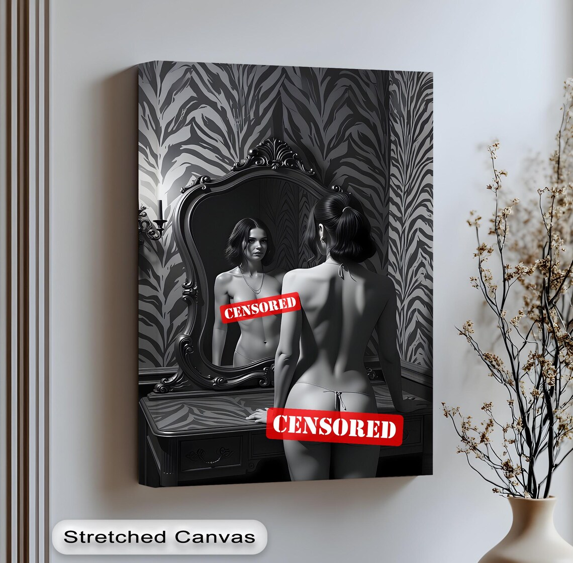 Monochrome Woman Vanity Canvas Art Zebra Wallpaper Anthracite Frame