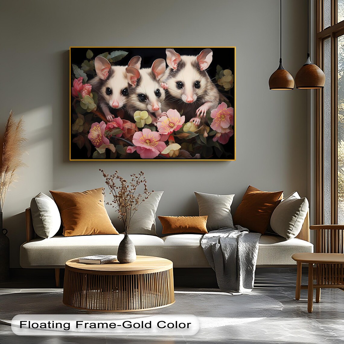 Three Baby Opossums Pink Flowers Realistic Painting Wildlife Poster