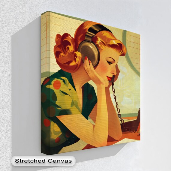 Retro Redhead With Headphones Midcentury Illustration Art Poster