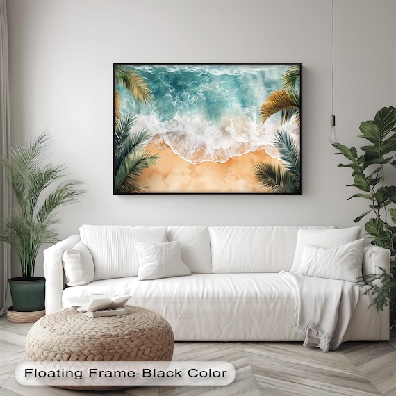 Tropical Beach Aerial Turquoise Waves Palm Fronds Ocean Wall Art