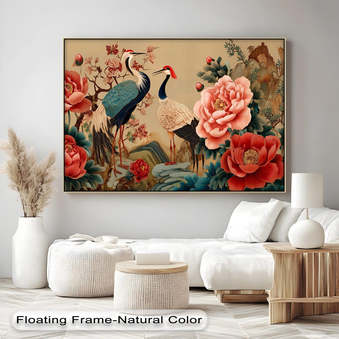 Cranes And Peony Canvas Wall Art Asian Botanical Print With Natural Framed Artwork
