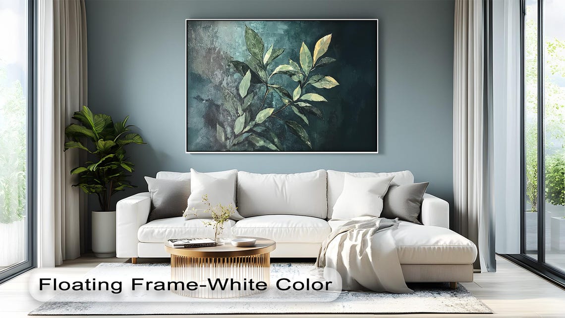 Green Botanical Leaf Branch Teal Textured Canvas Modern Nature Poster