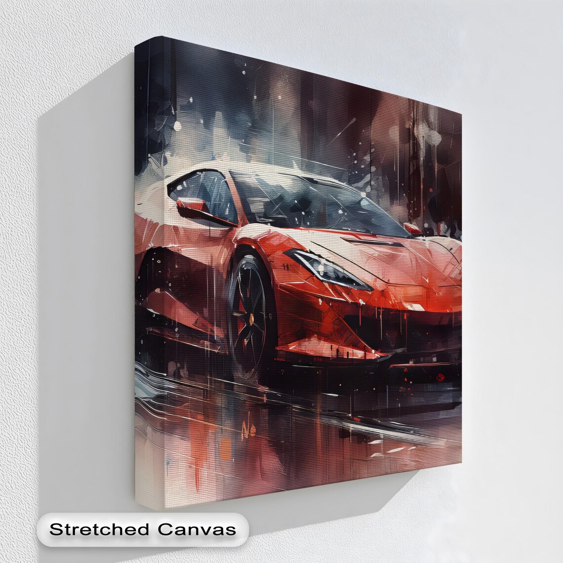 Red Supercar In Rain Night City Watercolor Sports Car Poster