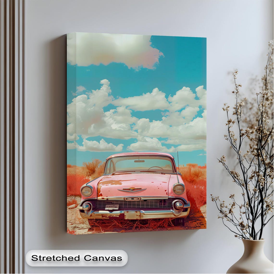 Vintage Pink Car Wall Art Surreal Desert Canvas With Anthracite Frame