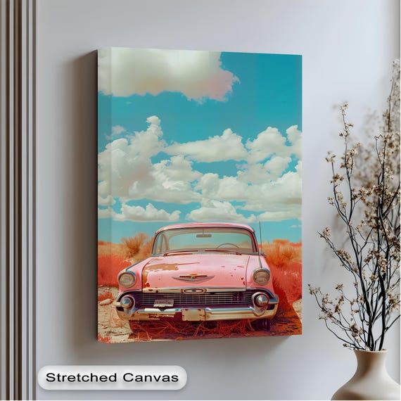 Vintage Pink Car Wall Art Surreal Desert Canvas With Anthracite Frame