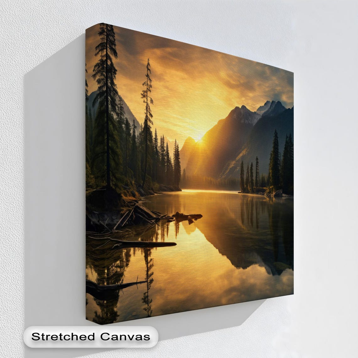Golden Sunset Mountain Lake Pine Forest Reflection Canvas Print