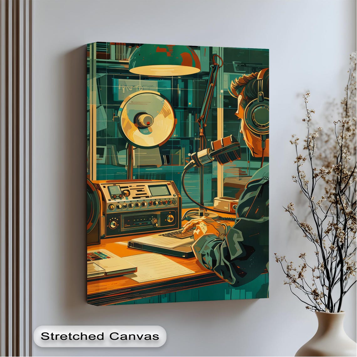 Retro Radio Studio Broadcaster Vintage Headphone Music Poster