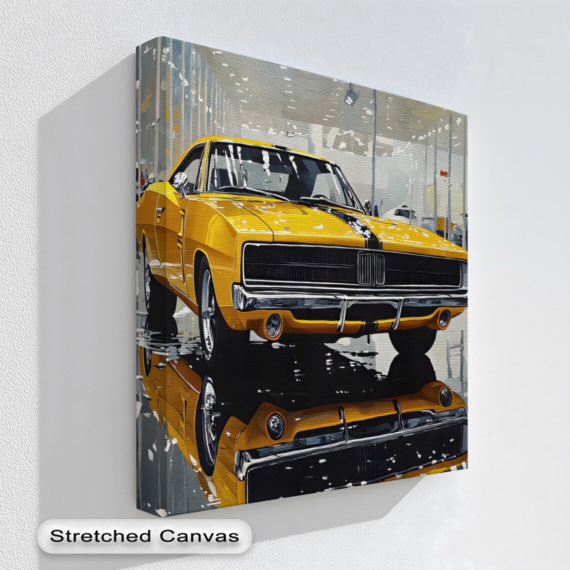 Yellow Muscle Car Showroom Print With Classic Coupe Chrome Detail Art