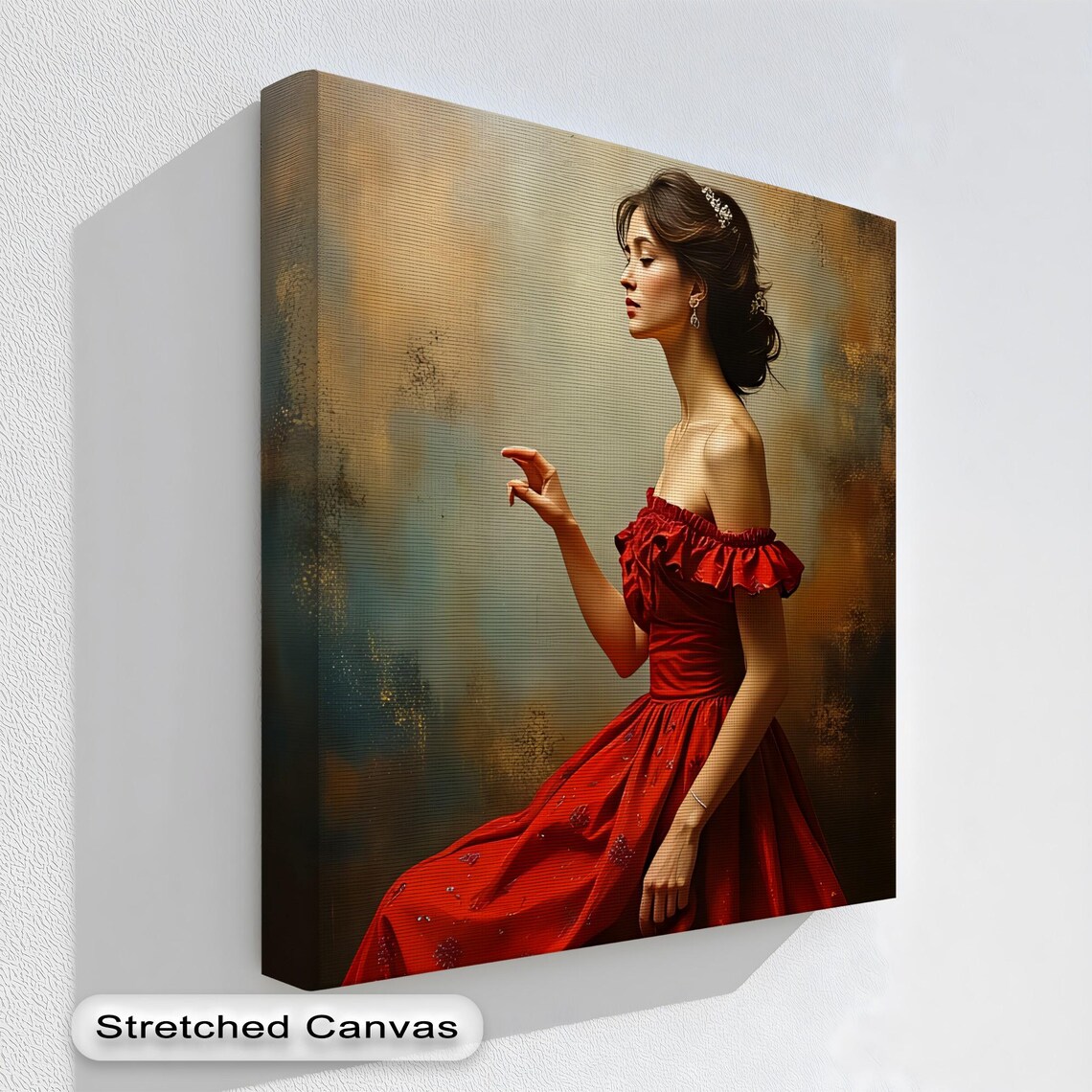 Elegant Woman In Red Dress Romantic Oil Painting Style Canvas Print