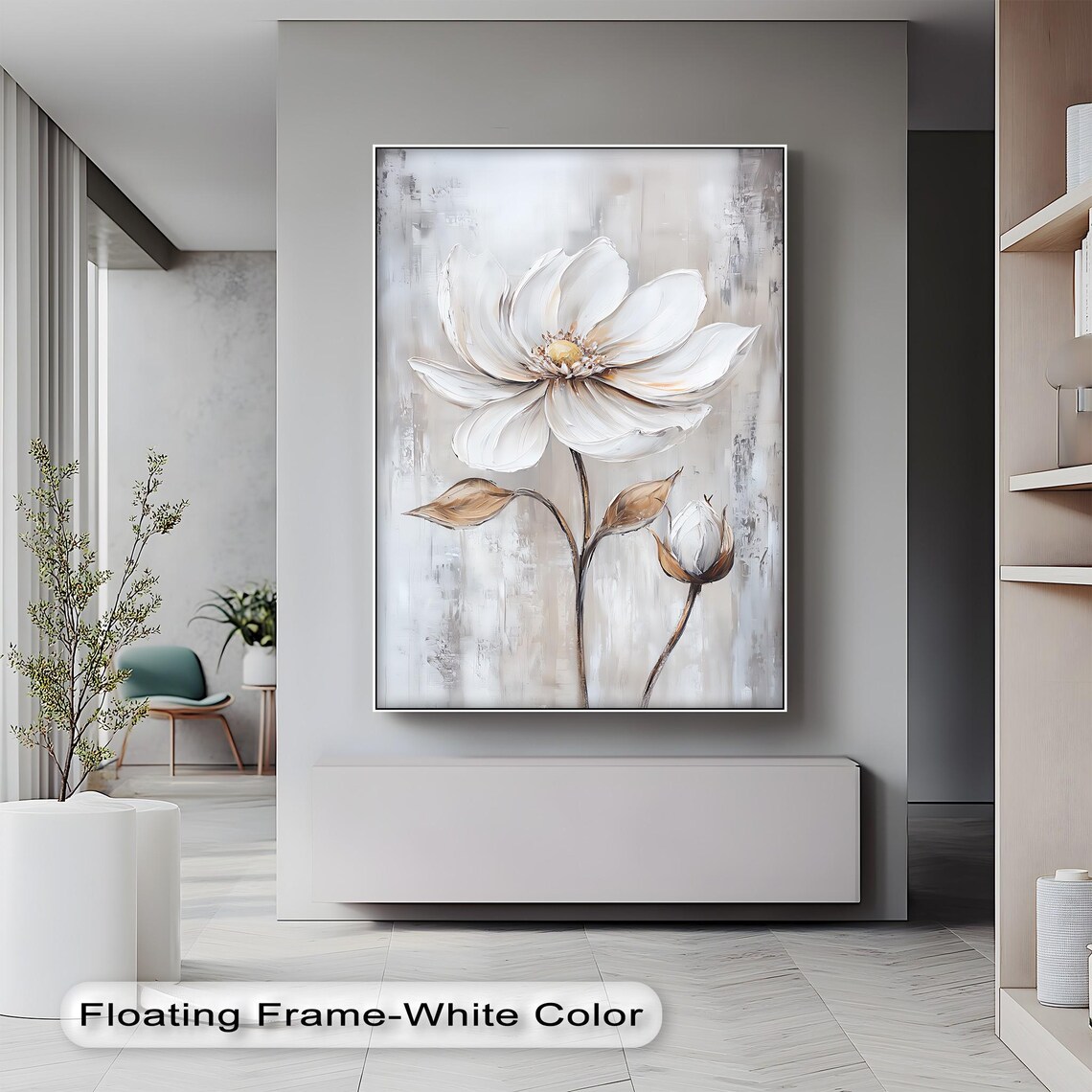 Beige Floral Art Print, White Flower Botanical