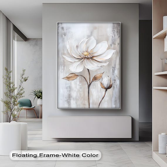 Beige Floral Art Print, White Flower Botanical