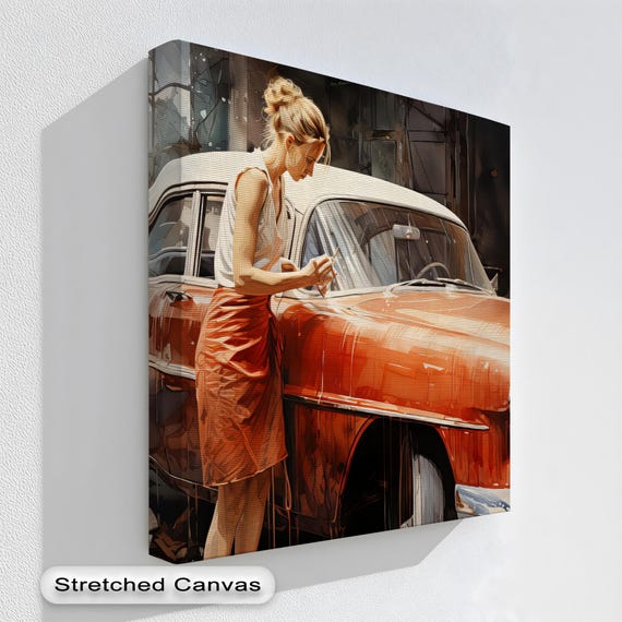 Red Car Woman Canvas Print Vintage Midcentury Modern Gold Frame