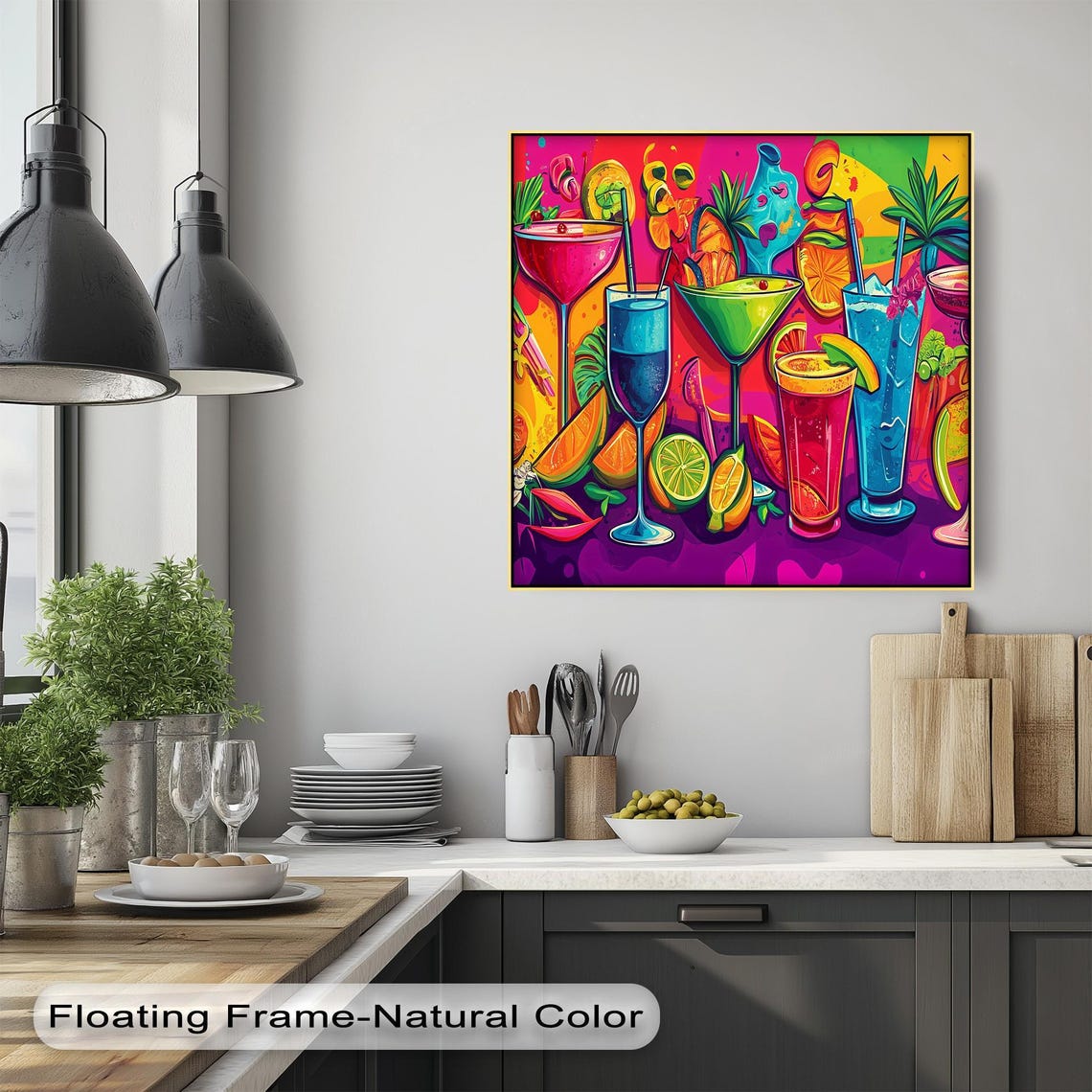 Vibrant Tropical Cocktail Glasses Neon Pop Art Kitchen Bar Poster