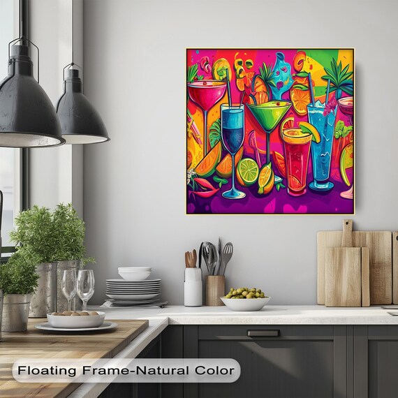 Vibrant Tropical Cocktail Glasses Neon Pop Art Kitchen Bar Poster