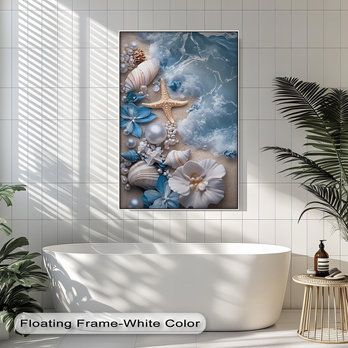 Blue Seashell Beach Pearls Starfish Ocean Wave Coastal Bath Decor Poster