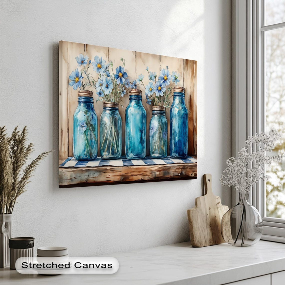 Blue Mason Jar Wildflowers Rustic Farmhouse Kitchen Watercolor Print