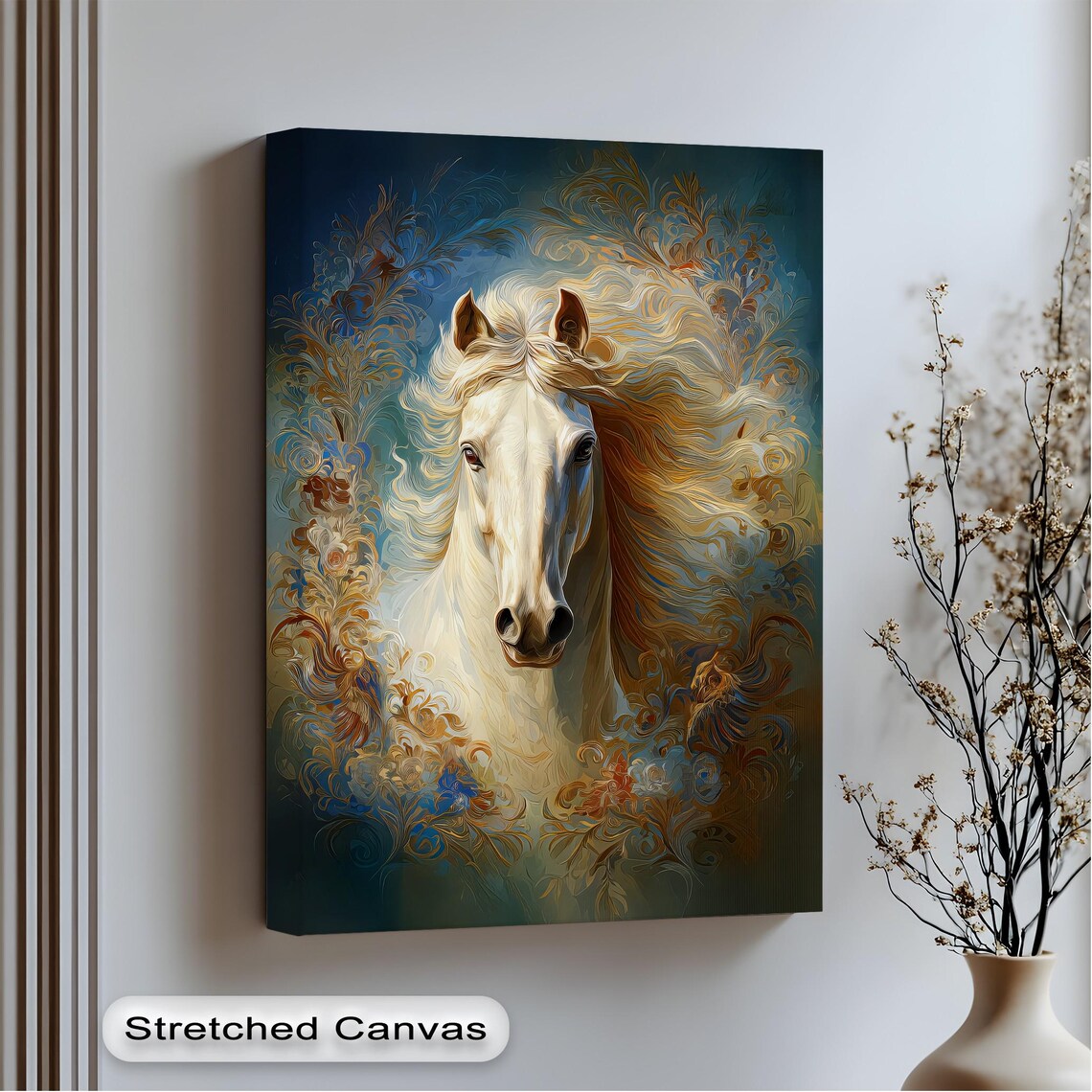 Majestic White Horse Flowing Golden Mane Fantasy Equine Wall Art