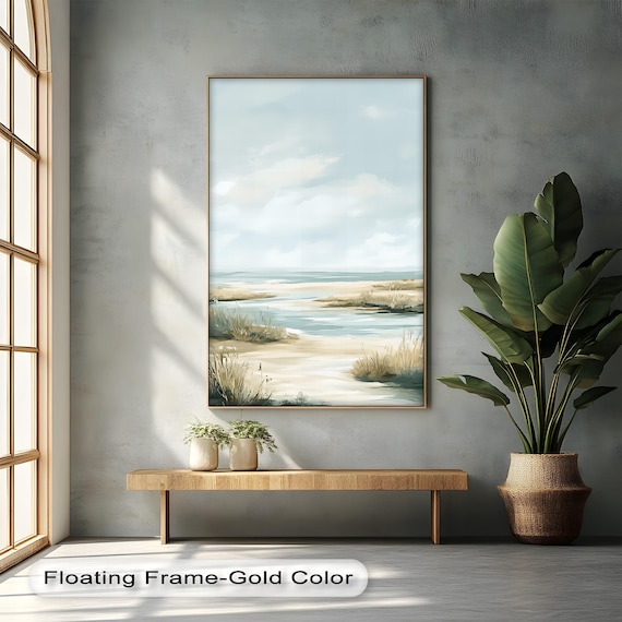 Neutral Coastal Marshland Minimal Seascape Beige Calm Ocean Wall Art