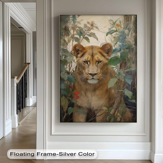 Lioness Jungle Portrait Canvas Art Regal Wildlife Print With Anthracite Frame