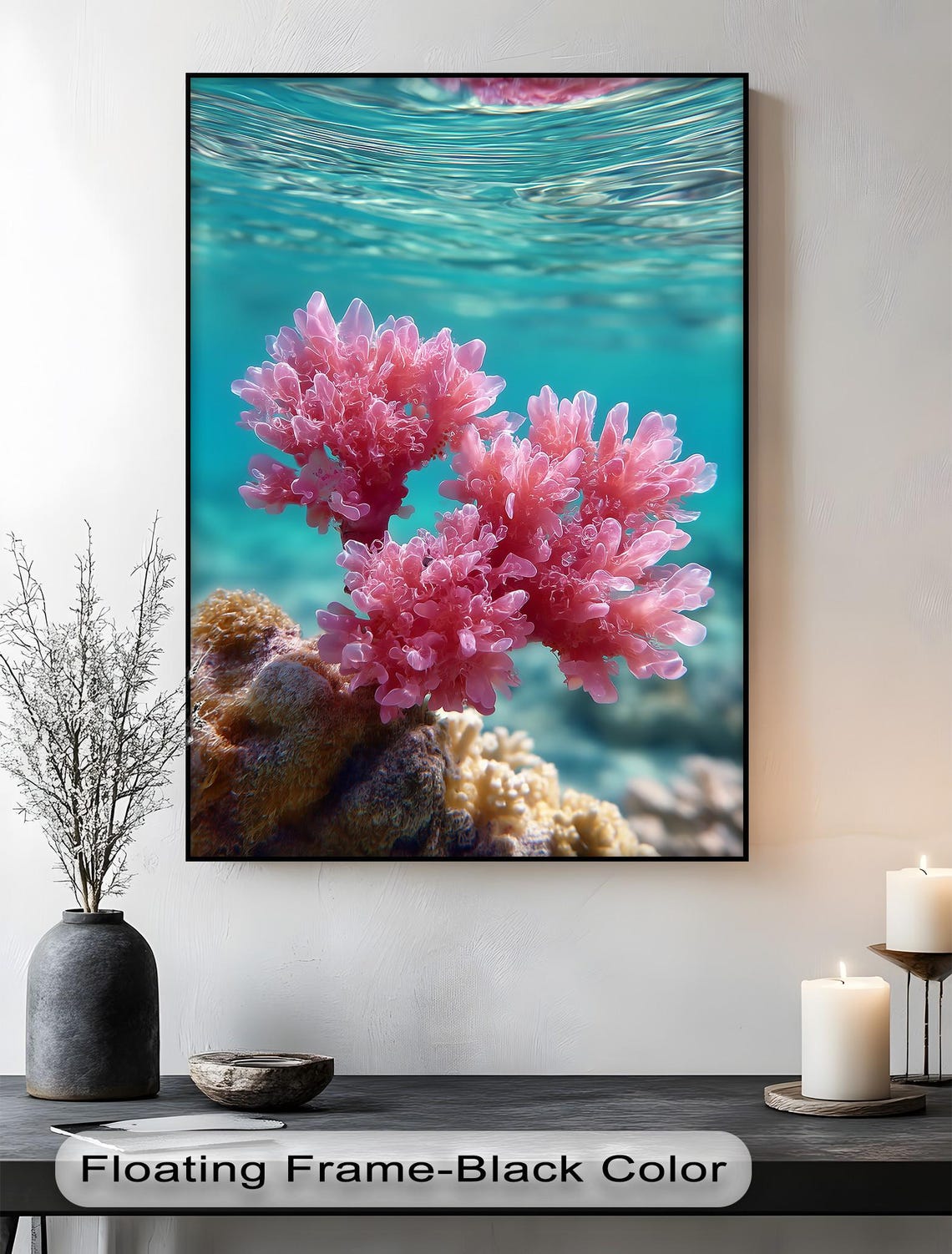 Pink Coral Reef Underwater Ocean Photo Print with Turquoise Water Glow
