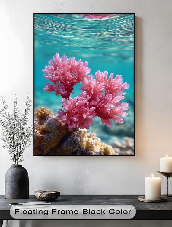 Pink Coral Reef Underwater Ocean Photo Print with Turquoise Water Glow