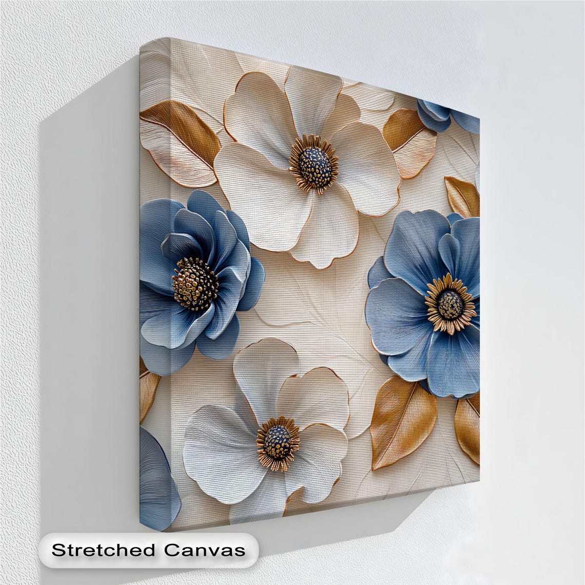 Elegant Blue and White 3D Textured Floral Blooms Gold Accent Poster