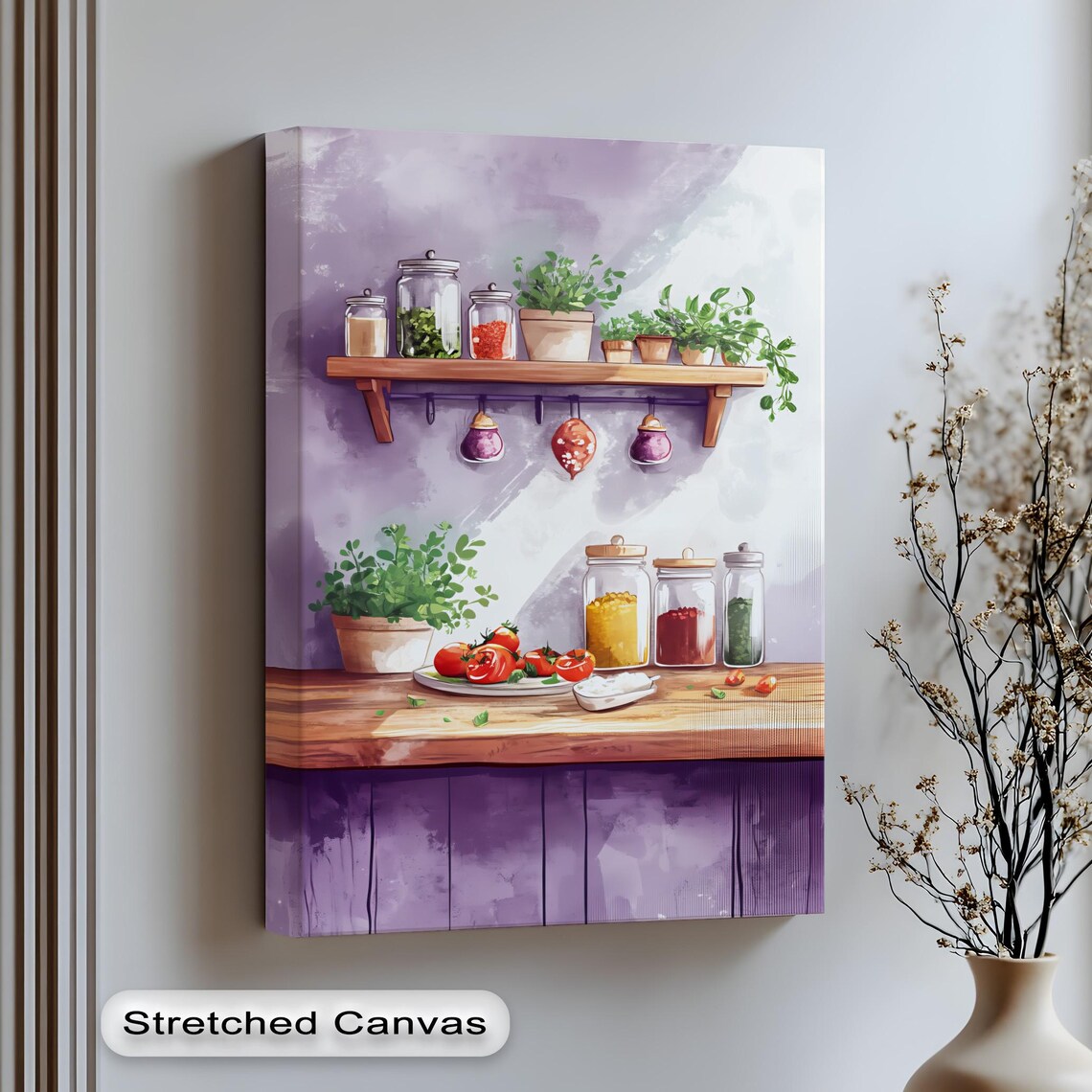 Purple Herb Shelf Rustic Kitchen Watercolor Lavender Toned Cooking Poster