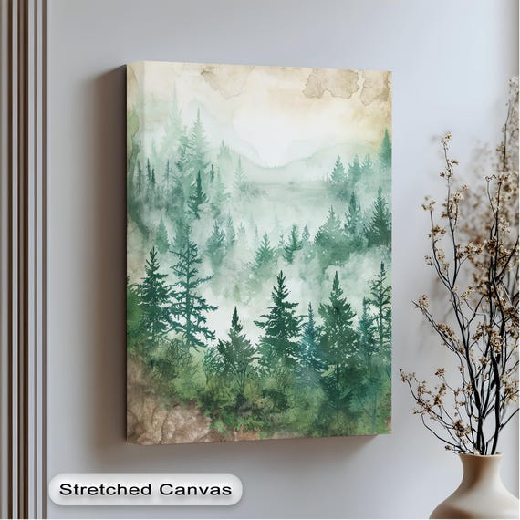 Green Forest Canvas Wall Art Vertical Watercolor Landscape With Black Frame