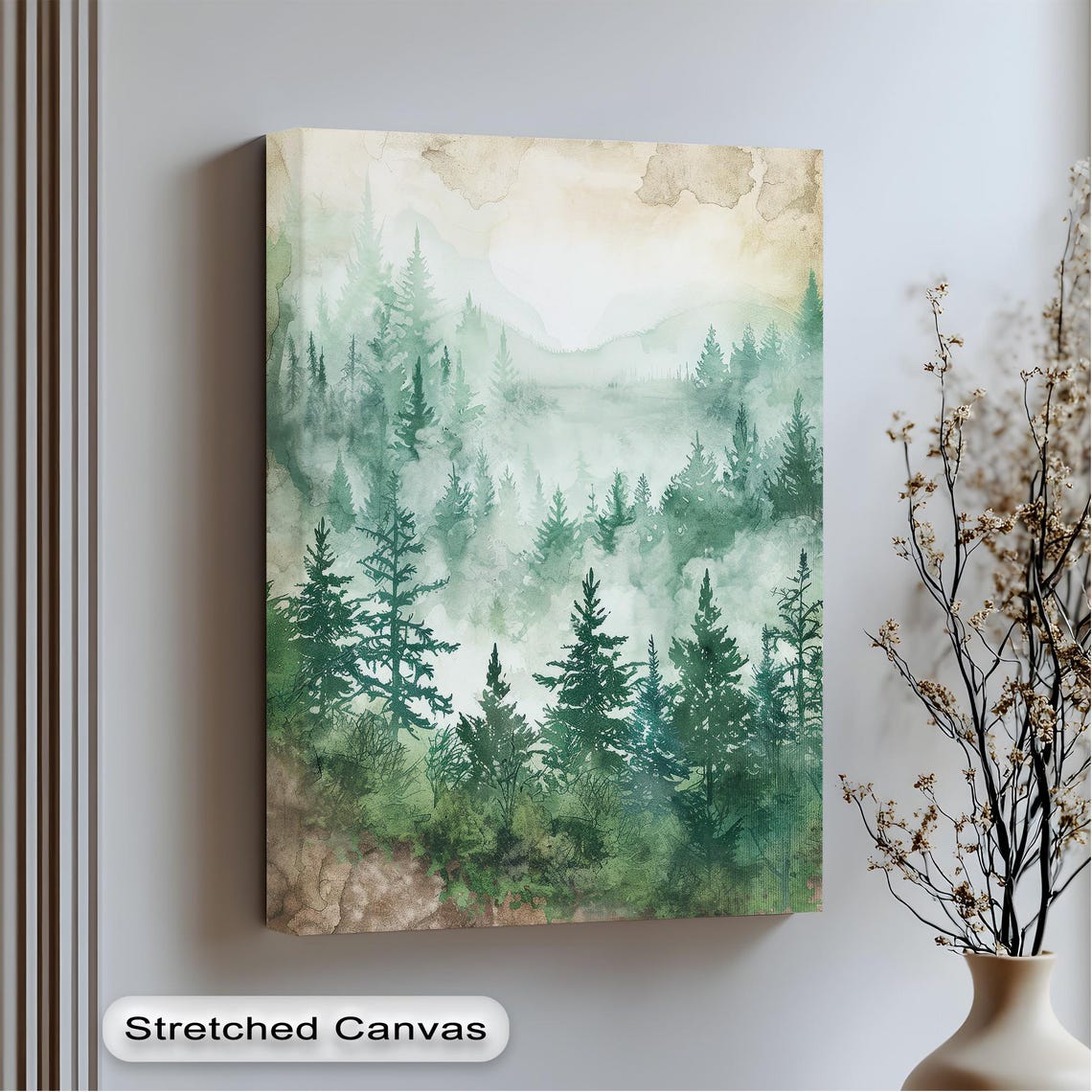 Misty Green Pine Forest Foggy Mountain Layers Watercolor Poster