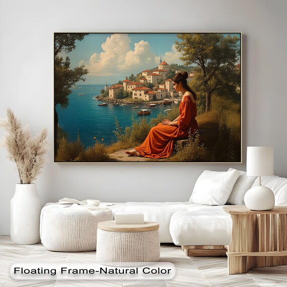 Woman In Orange Dress Overlooking Coastal Village Painting Print