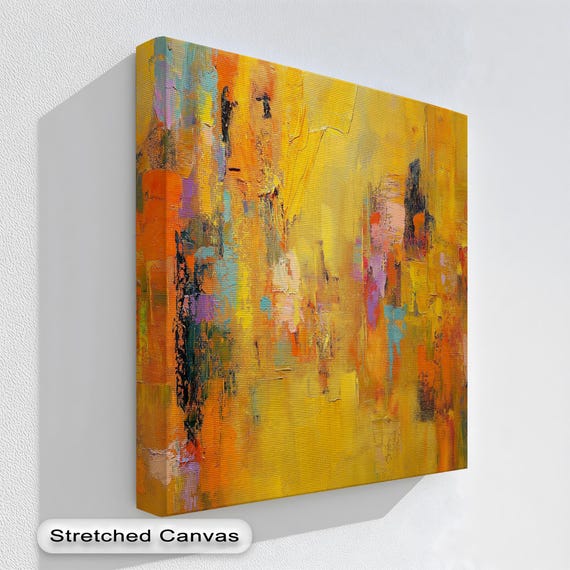 Yellow Orange Abstract Canvas Art Modern Textured Painting With Floating Frame